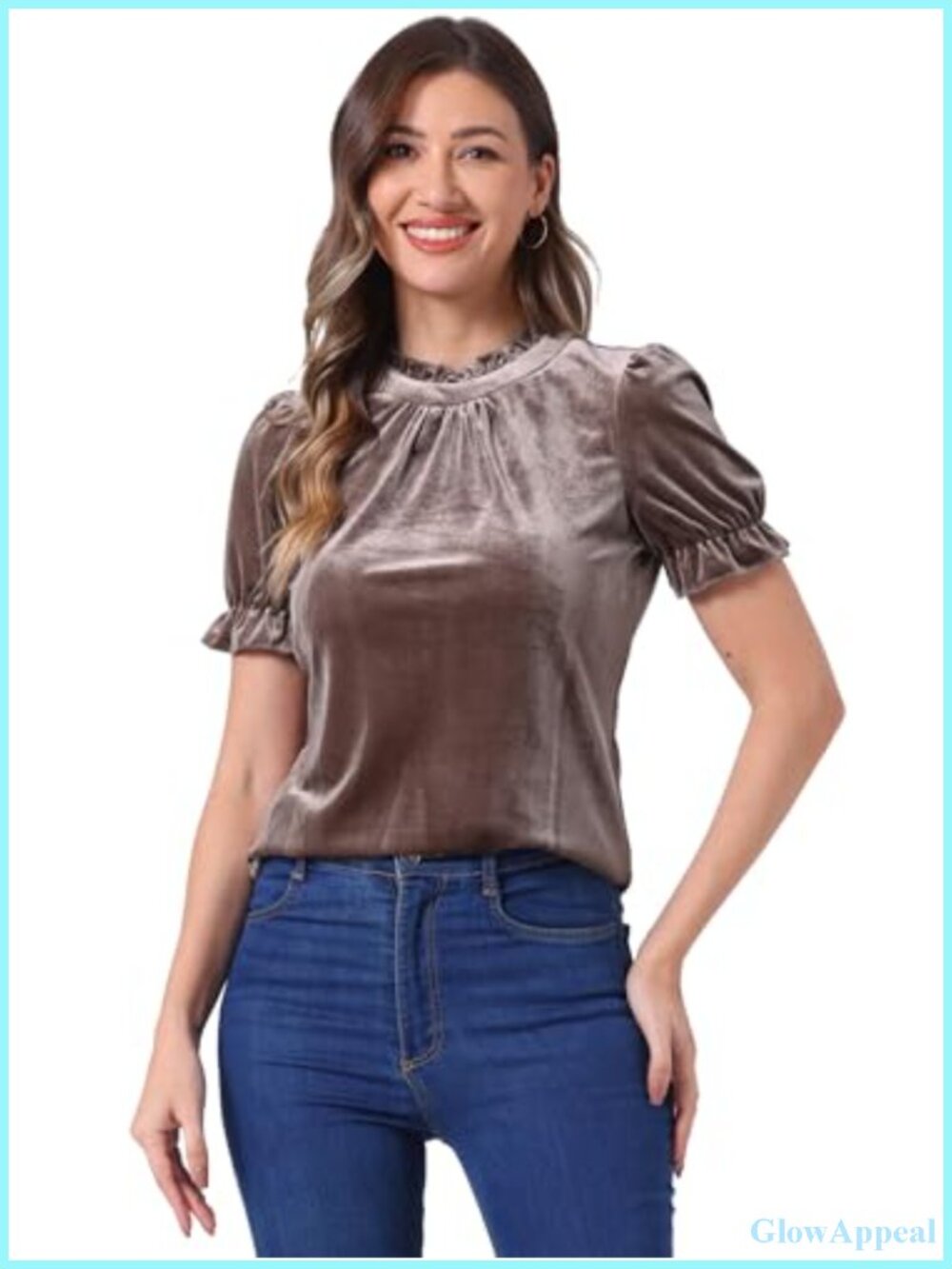 Allegra K Women's Velvet Ruffle Mock Neck Short Sleeve Blouse